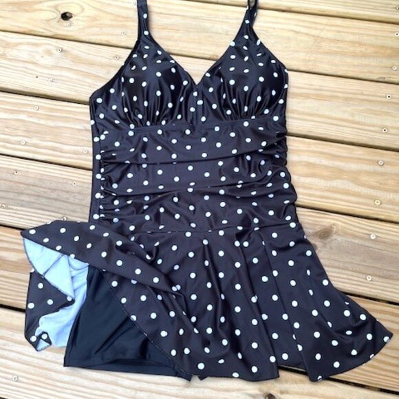 Summer Mae Side Shirred Tankini 1 PC Swimsuit Womens Large Blue Polka Dot Modest - Picture 1 of 5